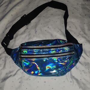 Holographic Blue Three Zipper Pocket Fanny Pack Unisex Waist Bag
